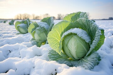 Cabbage field under snow. - obrazy, fototapety, plakaty