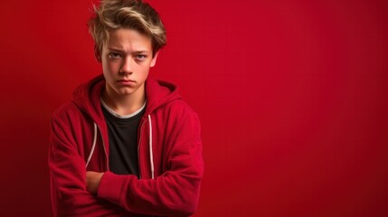 A brooding adolescent male, isolated on a crimson background, grappling with teenage angst, showcasing moments of uncertainty.