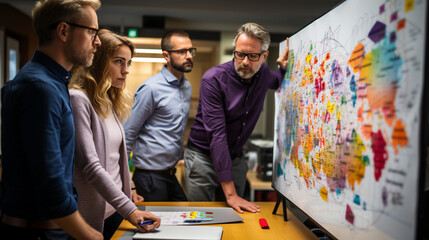 Colleagues brainstorming on a whiteboard filled with colorful diagrams during a creative session.
