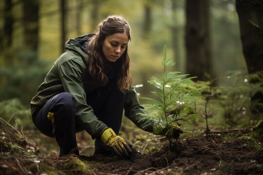 Female forester saplings spruces in woodland.