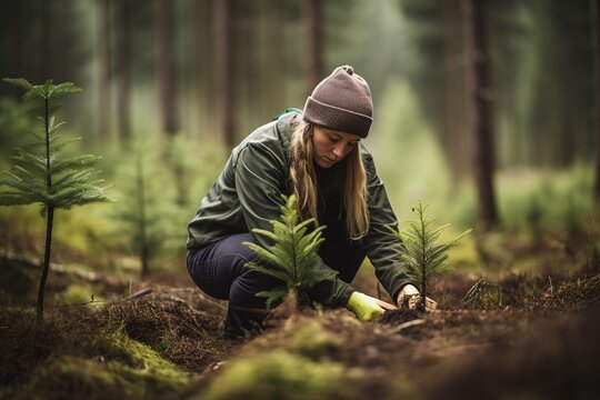 Female forester saplings spruces in woodland.