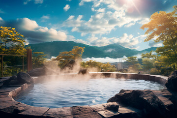 A hot spring in Japan. Spa treatments in Japanese style. Relaxation and jacuzzi. Body rest.