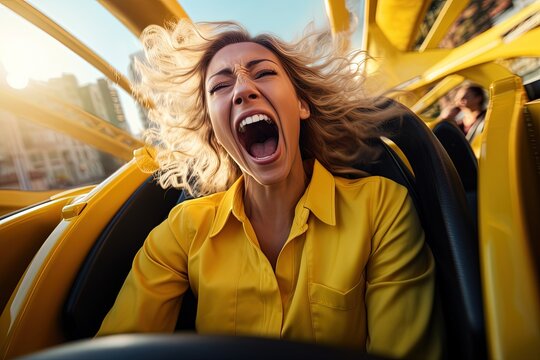 Shocked screaming woman open mouth riding roller coaster. 