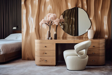Dressing table and stump chair. Interior design of modern bedroom with wooden paneling.