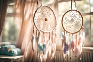 A dream catcher hanging in a child's nursery, softly lit with pastel hues, invoking a sense of...