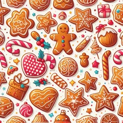 Fotobehang Christmas wishes on seamless pattern. Cute Xmas card with colorful funny gingerbread on background with snowflakes. Generative AI. © F@natka