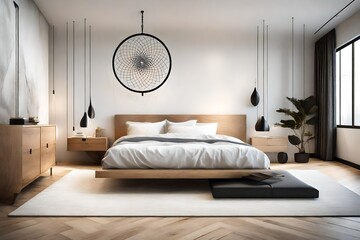 A dream catcher gracefully suspended in a minimalist, contemporary bedroom, where modern design elements blend seamlessly with its traditional aesthetic.