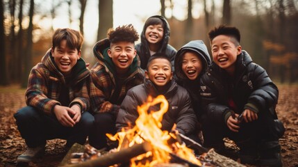 A group of Asian boys. A rustic camping site with a roaring bonfire. - obrazy, fototapety, plakaty