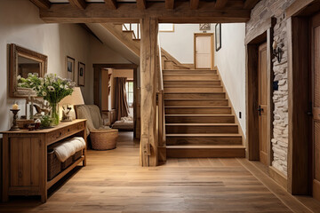 Entryway with rustic staircase. Farmhouse interior design of modern entrance hall with door .