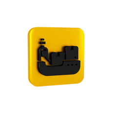Obraz premium Black Cargo ship with boxes delivery service icon isolated on transparent background. Delivery, transportation. Freighter with parcels, boxes, goods. Yellow square button.