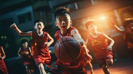 A group of excited Asian children playing basketball