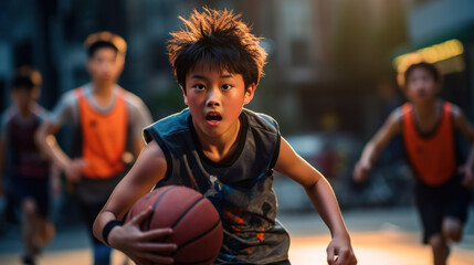 Fototapeta premium A group of excited Asian children playing basketball