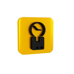 Black Carton cardboard box and fast time delivery icon isolated on transparent background. Box, package, parcel sign. Delivery and packaging. Yellow square button.