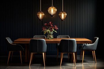 Interior of modern dining room, dining table and wooden chairs against black panelling wall. Home design.