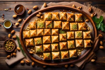 baklava in a baking pan,A sumptuous display of Top View Turkish Dessert Baklava glistening with honey, the layers of flaky pastry and finely chopped nuts are a work of culinary art