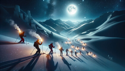 Midnight Skiingit is tradition for skiers to hit the slopes at midnight on Christmas Day, sometimes carrying torches to light their way as they ring in the holiday - obrazy, fototapety, plakaty