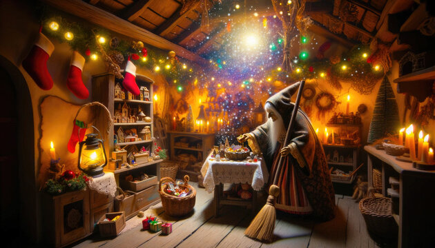 Mystical Scene Of Christmas Holiday Traditions With A Good Witch Befana. Witch Visit Homes Fill Children’s Stockings With Goodies And Sweep The Hearth To Remove Bad Luck For The Coming Year.