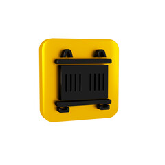 Black Container icon isolated on transparent background. Crane lifts a container with cargo. Yellow...