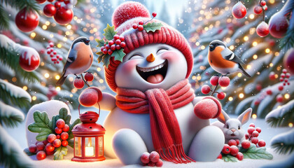 Funny cute snowman in red hat and scarf in winter snow forest with birds and white hare. Christmas or New Year card.