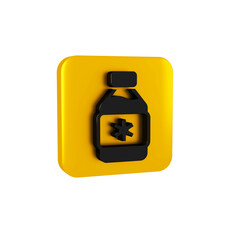 Black Bottle of medicine syrup icon isolated on transparent background. Yellow square button.