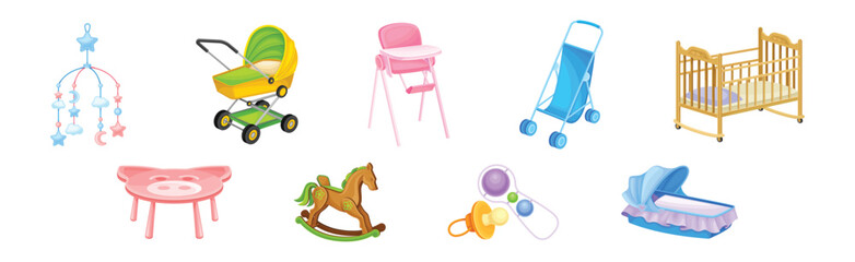 Baby Nursery and Infant Objects with Baby Carriage, Chair and Crib Vector Set