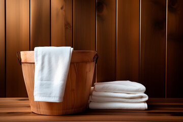 A wooden bucket and a white towel on a wooden background. The concept of going to the sauna. Spa treatments and rest