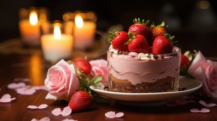 Dessert with cream and strawberries, romantic atmosphere with candles and roses