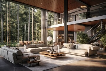 Comfortable Contemporary Living Space Amidst Nature: Luxurious Open-Concept Lounge with Expansive Forest Views and Dual-Level Design