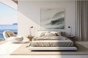 Oceanfront Bedroom Oasis: Minimalistic Design with Artistic Wave Canvas, Sunlit Ambiance, and Panoramic Sea Horizon View