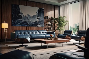 Clean Living Room with Leather Blue Sofa, Wood Paneling, Artistic Mountain Canvas, and Eclectic Shelving against Ambient Windows
