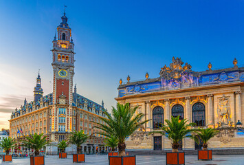 Lille Chamber of Commerce Nouvelle Bourse New Stock Exchange, opera house theatre and palms trees on Place du Theatre square in historical city center, Nord department, Hauts-de-France Region, France - obrazy, fototapety, plakaty