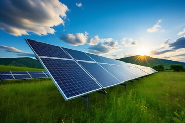 Renewable energy with solar panels in a green field. Generative AI - obrazy, fototapety, plakaty