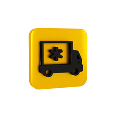 Black Ambulance and emergency car icon isolated on transparent background. Ambulance vehicle medical evacuation. Yellow square button.