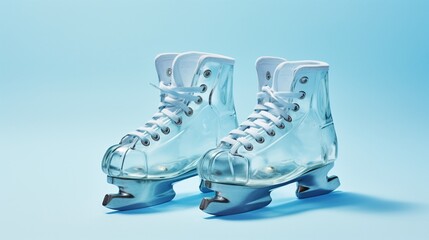 A pair of ice skates on an icy blue surface.