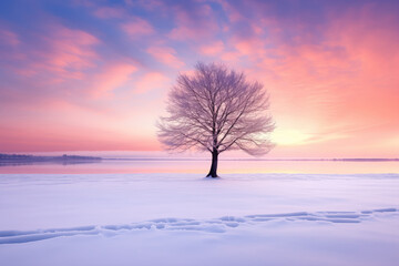 Winter landscape with frozen lake and lonely tree at sunset. Colorful sky.