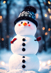snowman on the background of a winter landscape at night