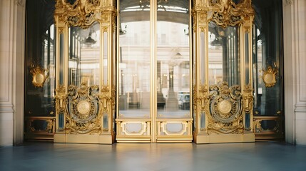 A grand entrance to a building with a pair of golden doors, reflecting opulence and luxury. generative AI - obrazy, fototapety, plakaty