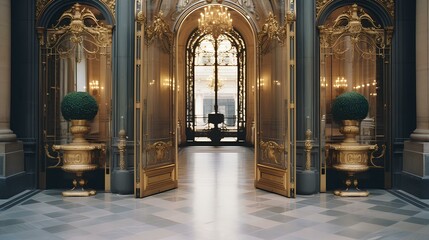 Fototapeta na wymiar A grand entrance to a building with a pair of golden doors, reflecting opulence and luxury. generative AI