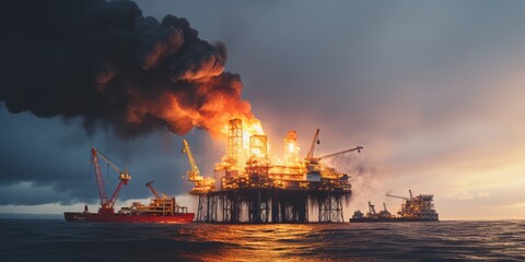 Inferno at Sea: A Raging Oil Platform Fire, Unleashing an Oil Crisis, Catastrophe, and Environmental Pollution