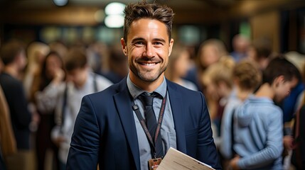 Fototapeta premium Smiling man in crowd, emanating confidence amid bustle.