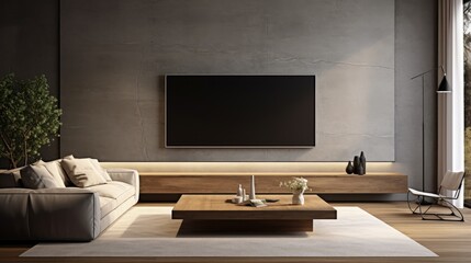 Living room led tv on grey concrete wall, empty interior