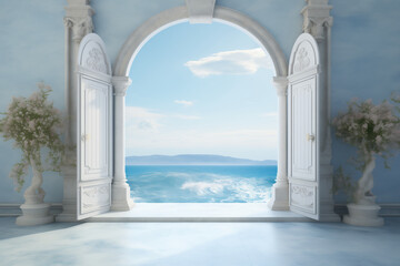 White door in blue room with sea view background