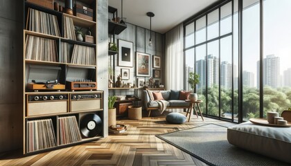 Hipster apartment featuring a mix of modern and retro designs. A record player corner stands out, with vinyl albums on display. Large windows flood the space with natural light. - obrazy, fototapety, plakaty