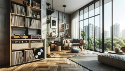 Fotobehang Hipster apartment featuring a mix of modern and retro designs. A record player corner stands out, with vinyl albums on display. Large windows flood the space with natural light. © Tom
