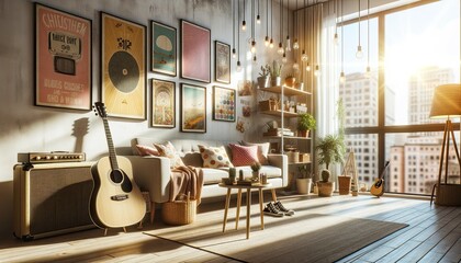 Sunlit hipster apartment featuring a neutral color palette with pops of vibrant hues. Vintage...