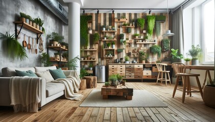Contemporary hipster apartment interior, with a focus on sustainable and eco-friendly decor. Reclaimed wood furniture, upcycled decorations, and a vertical garden wall create a serene space. - obrazy, fototapety, plakaty