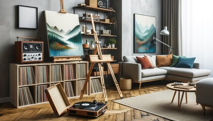 Hipster apartment that celebrates music and artistry. A corner is dedicated to a turntable setup with vinyl records neatly organized. Across the room, an easel holds an unfinished