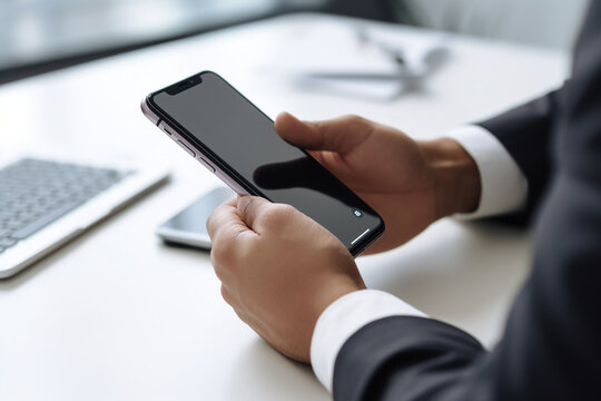 male hands holding a smart phone with blank screen on the table in office