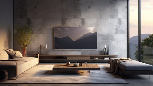Living room led tv on grey concrete wall, empty interior