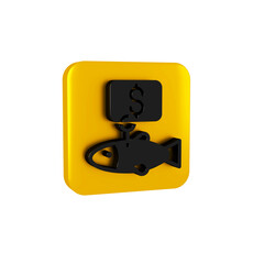 Black Price tag for fish icon isolated on transparent background. Yellow square button.